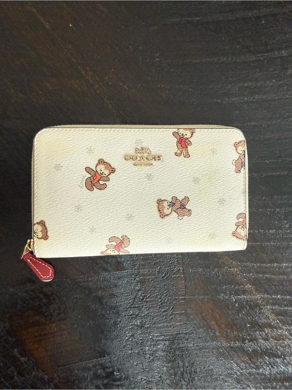 Coach Cream Teddy Bear Zip Wallet with Red Pull